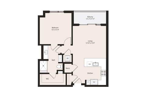 Floor plan for 1 bed, 1 bath, 803 sqft